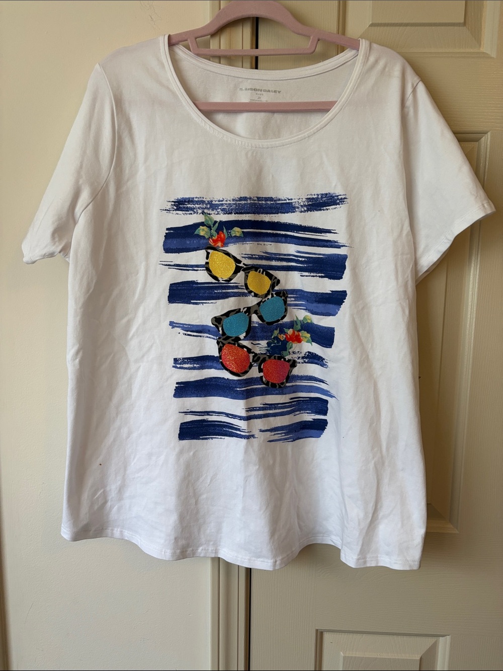 White Tee with Blue Brush Stripes and Colorful Sunglass Graphic
